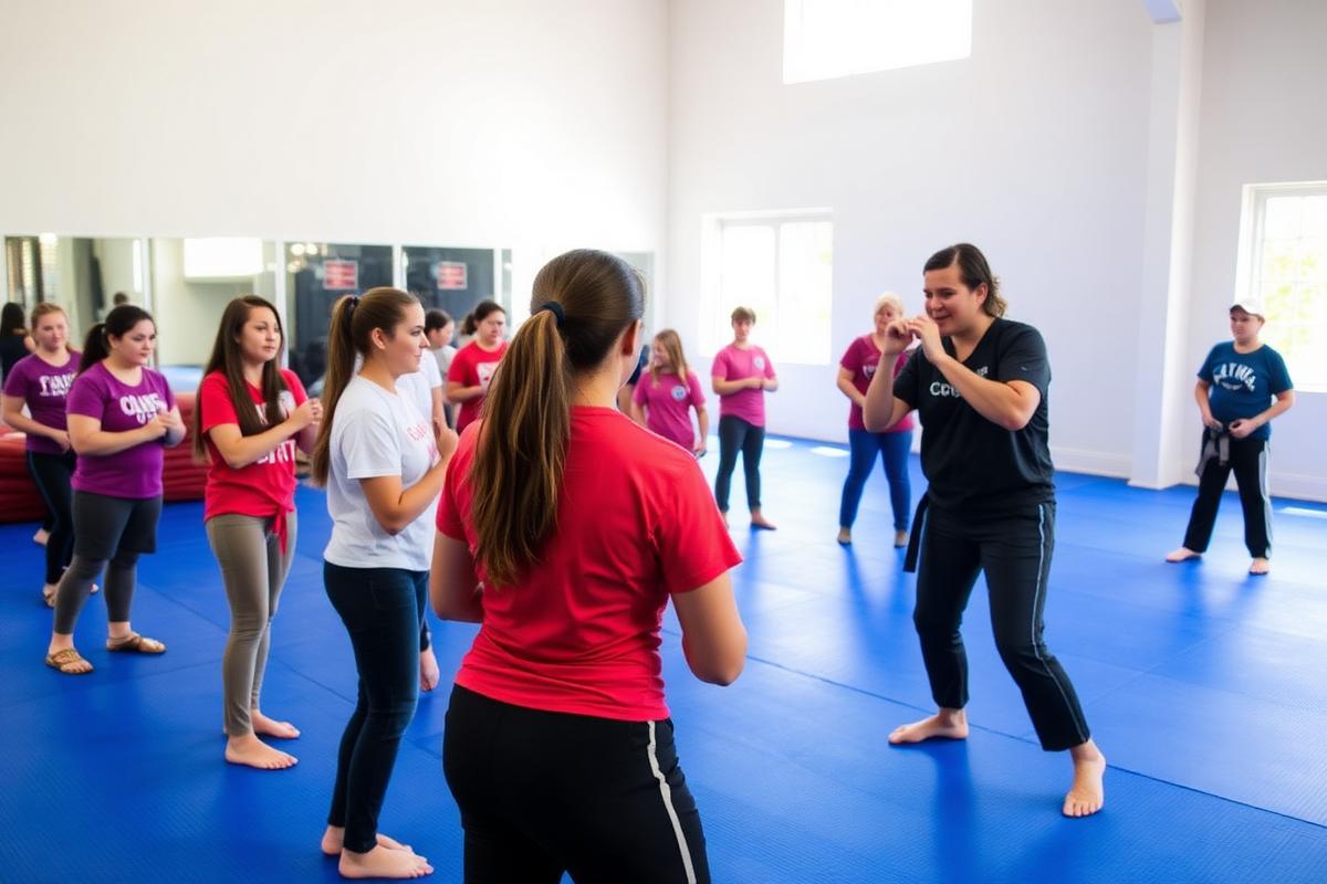 Teen girls practicing basic self-defense techniques with an instructor in a bright community gym.